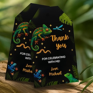 Op de afbeelding: Twee zwarte cadeaulabels met een kameleon- en libellenontwerp. De labels hebben de tekst "Bedankt" en "Voor het vieren met mij!" met de namen Micha en Michael. De labels zijn versierd met illustraties van kameleons, kikkers en bladeren.