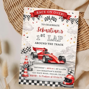 May include: A racing-themed invitation featuring a red race car, checkered flags, and the text "Race On Over!" and "Sebastian's 1st Lap Around The Track." The invitation includes event details and a helmet.