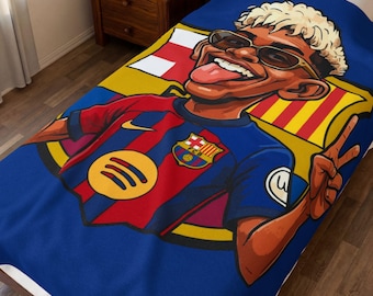 Manta de peluche de terciopelo con diseño de dibujos animados del FC Barcelona de Lamine Yamal / Personaje de camiseta de fútbol