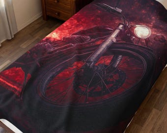 Red Vintage Motorcycle Velveteen Plush Blanket | Biker Skull Road Art, Motorcycle fans