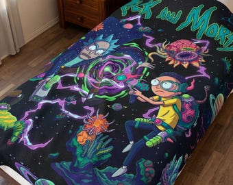 Rick and Morty Space Adventure Velveteen Plush Blanket | Sci-Fi Cartoon Throw
