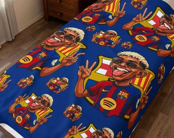 Lamine Yamal FC Barcelona Cartoon Collage  Velveteen Plush Blanket | Soccer Jersey Character