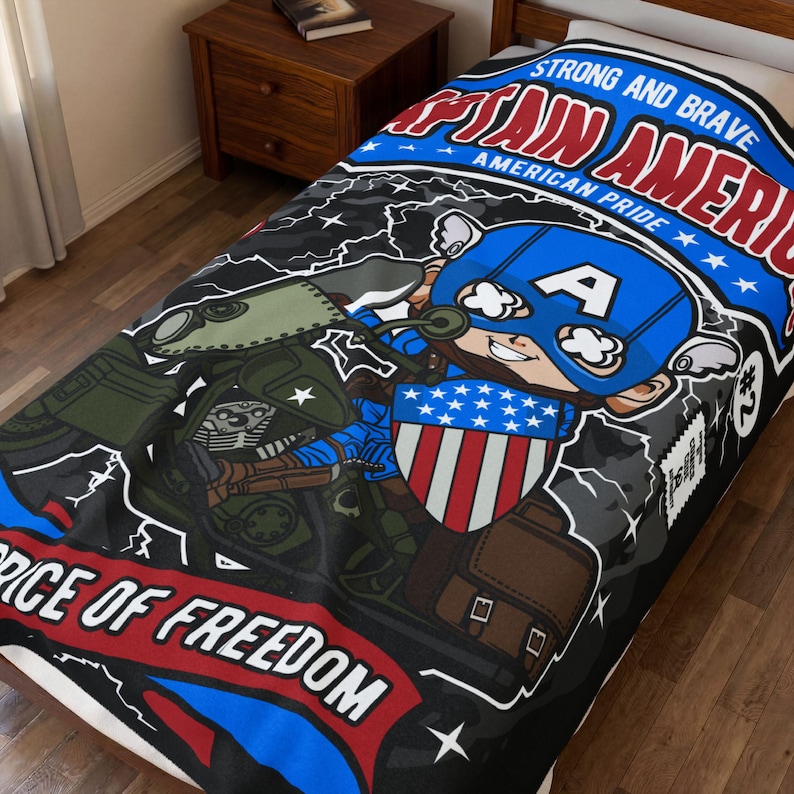 Captain America Inspired Funko Pop Chibi Velveteen Plush Blanket | American Pride Motorcycle Throw immagine 1