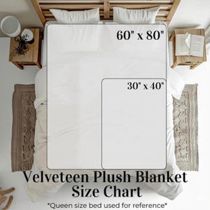 Puede incluir: Un cuadro de tallas para una manta de felpa de terciopelo, con dimensiones de 152 cm x 203 cm y 76 cm x 101 cm. El texto dice "Velveteen Plush Blanket Size Chart". Se utiliza una cama queen size como referencia.