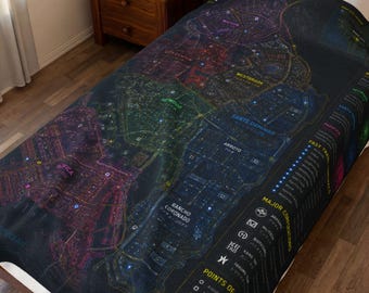 Cyberpunk 2077 Inspired Map Themed Velveteen Plush Blanket, Night City Gaming Decor