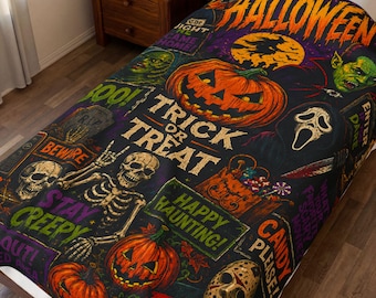 Halloween Horror Collage Velveteen Plush Blanket | Spooky Season Throw