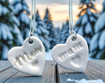 Mam Ceramic Heart Pendant.Welsh Love Heart Necklace .Porcelain Heart Pendant for Mum.