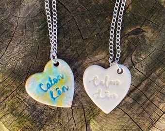 Calon Lan Ceramic Heart Pendant.Calon Lan.Welsh Love Heart Necklace .Porcelain Heart Pendant.Gift idea Handmade in Wales,Uk
