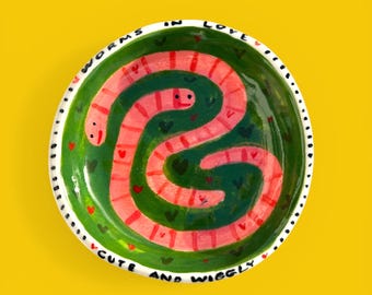 Handmade Porcelain Ring Dish: Two Worms in love , Playful Jewelry Holder