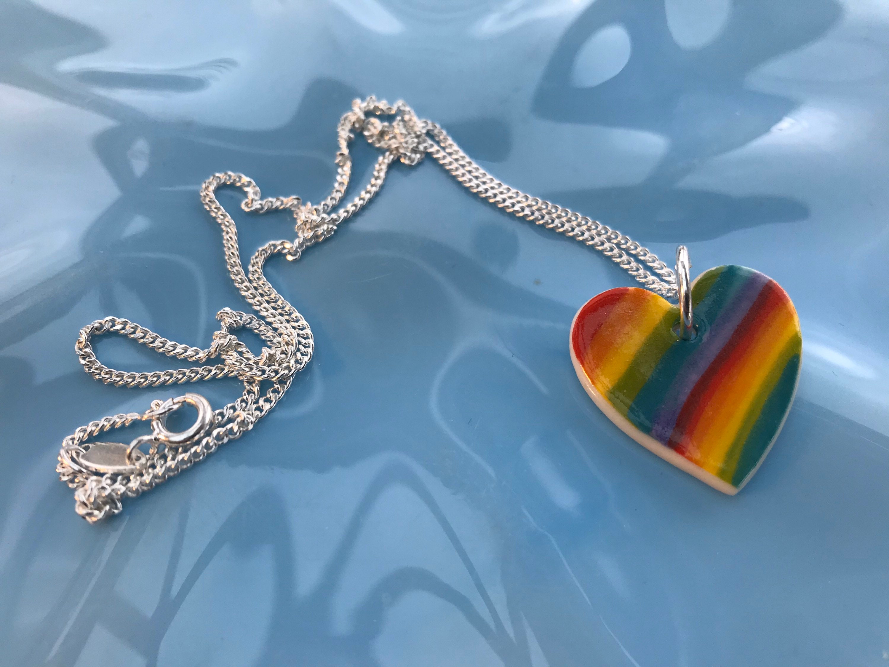 Rainbow heart ceramic pendant necklace.Rainbow heart Pendant.Porcelain Necklace.Romantic gift 