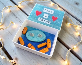 Cute box with handmade Ceramic Fish and chips.
