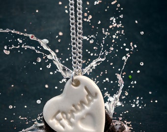 Ffrind Ceramic Heart Pendant.Welsh Love Heart Necklace .Porcelain Heart Pendant .Friend/Ffrind .Gift idea Handmade .Made in Wales,Uk.