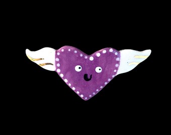 Ceramic Heart Brooch.Winged Love Heart Brooch/pin/button/badge.Ceramic/Porcelain .Valentines heart.Handmade in Wales ,Uk