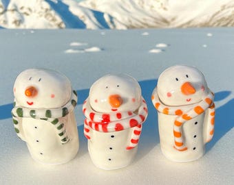 Handmade Porcelain Snowman Figurine: Miniature Christmas Table Decor