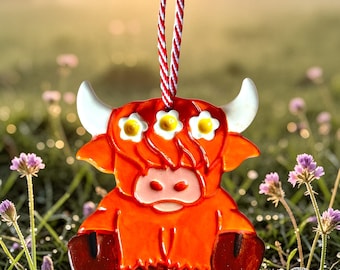 Handmade Ceramic Highland Cow Decoration with flower garland.