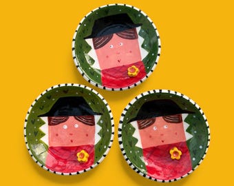 Handmade Ceramic Welsh lady dish.Small Trinket or Ring dish .