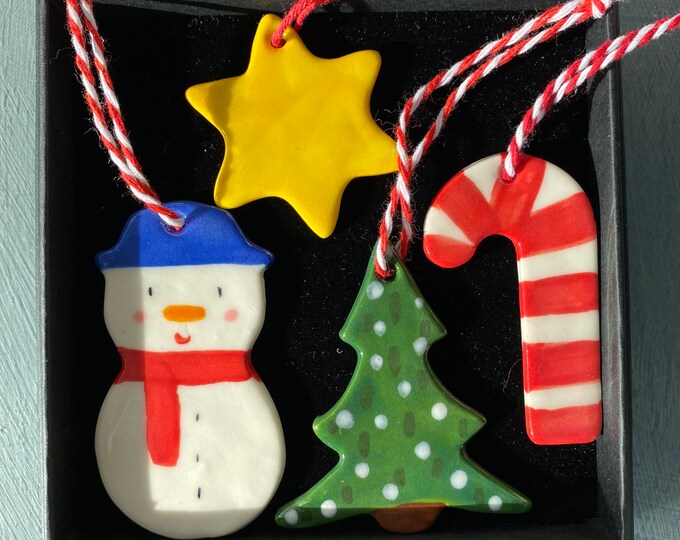 Featured listing image: Christmas Tree Decoration set.Snowman ,Christmas Tree, star & candy cane. Porcelain Decorations.Handmade ceramic Christmas decoration