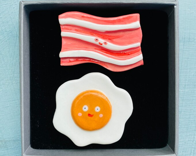 Featured listing image: Bacon and  Egg Fridge Magnets. Ceramic happy Fried Egg/Bacon Magnet Set. Fun Breakfast set magnet Gift.Cute quirky gift .Handmade in Wales.