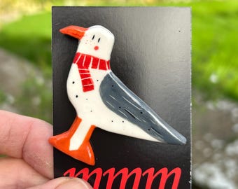 Handmade Ceramic Seagull Badge. Brooch/.pin/button.