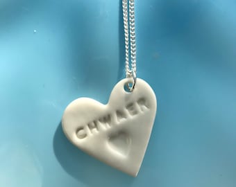 Chwaer Ceramic Heart Pendant.Welsh Love Heart Necklace .Porcelain Heart Pendant .Chwaer/Sister .Gift idea Handmade .Made in Wales,Uk.