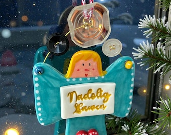 Handmade Ceramic Welsh Angel decoration with nadolig llawen and vintage glass buttons.