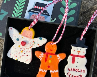 Handmade Ceramic Christmas Ornament Set: Angel, Snowman, Gingerbread Man, Christmas Tree.