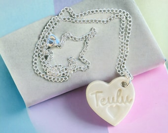 Teulu Ceramic Heart Pendant.Teulu/Family Welsh Love Heart Necklace .Porcelain Heart Pendant.Gift idea Handmade .Made in Wales,Uk.