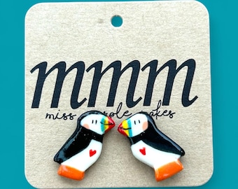 Handmade ceramic Small Puffin Stud earrings .