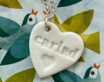 Cariad Ceramic Heart Pendant.Cariad/My love Wales.Welsh Love Heart Necklace .Porcelain Heart Pendant.Gift idea Handmade in Wales,Uk