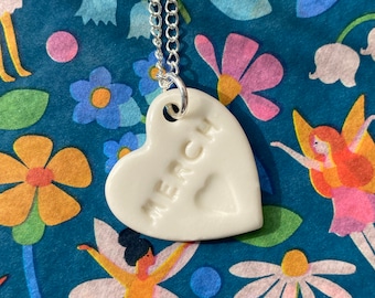 Merch Ceramic Heart Pendant.Welsh.Daughter Love Heart Necklace .Porcelain Heart Pendant .Merch/Daughter.Gift idea Handmade .Made in Wales,UK