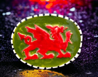 Welsh Dragon badge.Porcelain Dragon Brooch/pin/button.Welsh national emblem.St Davids Day.Easter gift.Welsh gift.