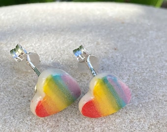 Rainbow heart Stud Earrings/Sterling Silver Stud Earrings/Rainbow Jewellery /Handmade Porcelain Heart Earrings /Made in Wales,Uk
