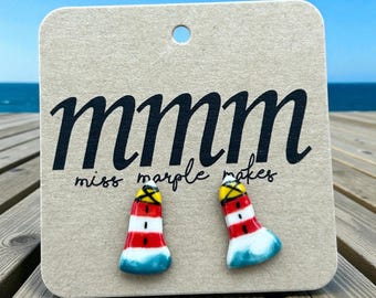 Handmade ceramic Lighthouse Stud earrings .