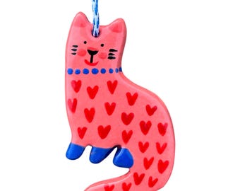 Handmade Porcelain Cat Ornament – Pink Heart Design with Blue Cord