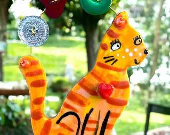 Cat Ceramic Decoration.Ginger Tabby Cat Gift. Hanging Ceramic Cat Decoration/ornament.Cute cat ornament .Cat lover Decoration .
