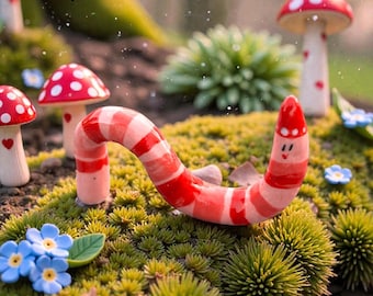 Handmade Porcelain Earthworm Figurine, Red Party Hat