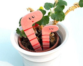 Fun Ceramic plant stakes.Garden Gnomes and Earth Worm Plant Markers set.