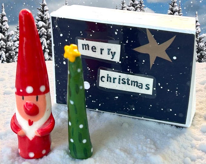 Featured listing image: Small Handmade Father Christmas and Tree in a box with message Merry Christmas