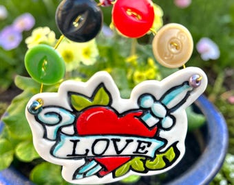 Handmade Porcelain Tattoo Style Heart with sword Decoration: Ceramic 'Love 'hanging Keepsake