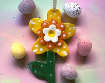 Porcelain Daffodil Decoration .Yellow Daffodil/Flower/Hanging Ceramic Daffodil/Ceramic Decoration/Mothers Day/Easter/Birthday Gift.