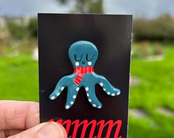 Handmade Ceramic Octopus Badge. Brooch/pin/button.