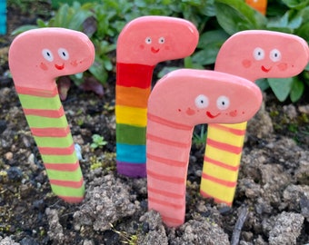 Earth Worm Plant Markers set. 4 fun Ceramic plant stakes.Gift for gardener/plant lover. Seed Tags.House warming gift.