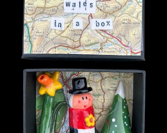 Wales in a Box.Handmade Ceramic Figures Set with Welsh Lady.Christmas Tree or Mount Snowdon Set.