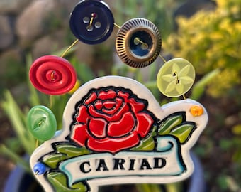 Handmade Porcelain Welsh Tattoo Style Rose Decoration with Cariad.Ceramic hanging Keepsake.