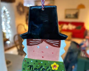 Large Ceramic Welsh Lady Christmas Decoration. Nadolig Llawen.