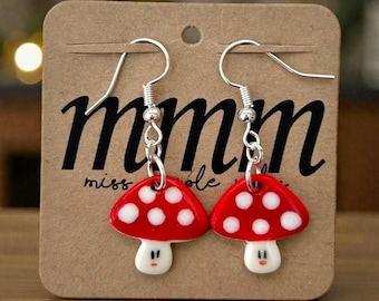 Handmade Ceramic Toadstool Dangle  Earrings, Silver Plated.