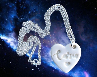 Caru Ceramic Heart Pendant.Caru/Love.Welsh Love Heart Necklace .Porcelain Heart Pendant.Gift idea Handmade .Made in Wales,Uk.