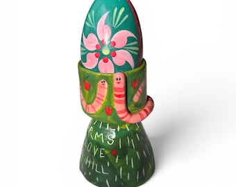 Handmade Porcelain Egg Cup – Whimsical Worms, Playful Homeware Design