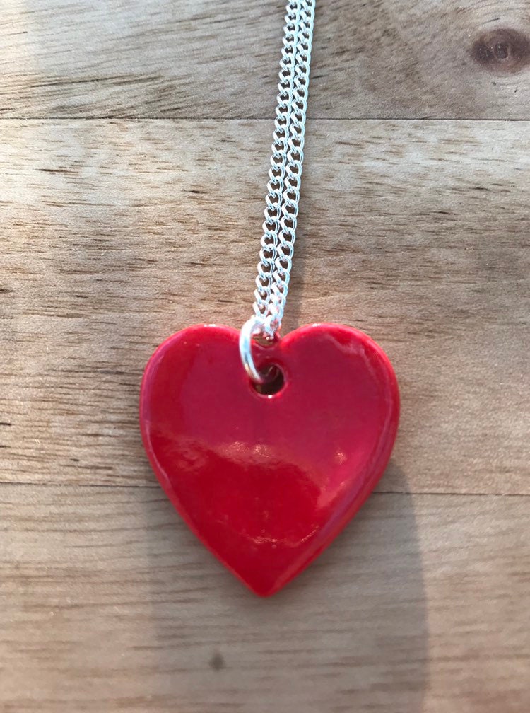 Red heart pendant necklace.Ceramic/Porcelain .love Heart