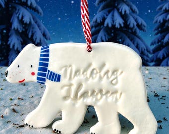 Handmade Ceramic Large Polar Bear.Welsh Christmas gift Nadolig Llawen which means Happy Christmas.